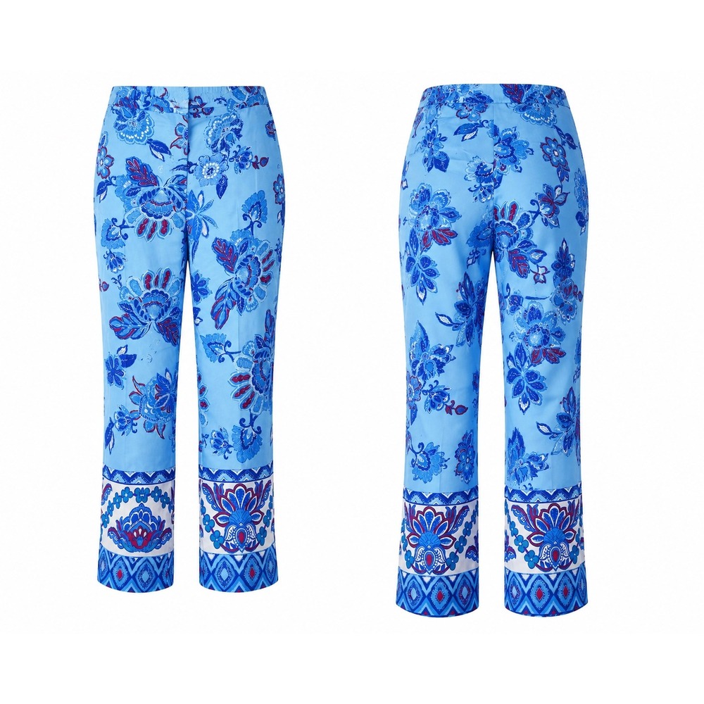 Magaschoni Floral Straight Leg Pants Womens M Blue Paisley Cropped Ankle Coastal